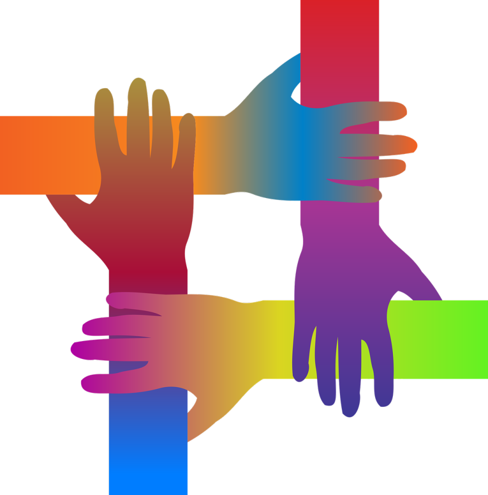 illustration of 4 multi-colored hands intersecting to form a square